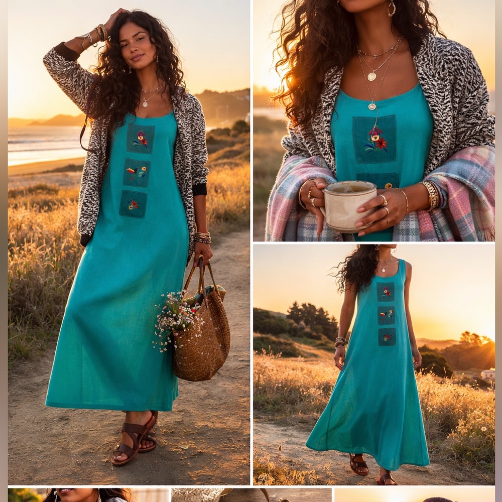 Vintage 90s Cactus California Teal Embroidered Midi Dress | Made in USA | M